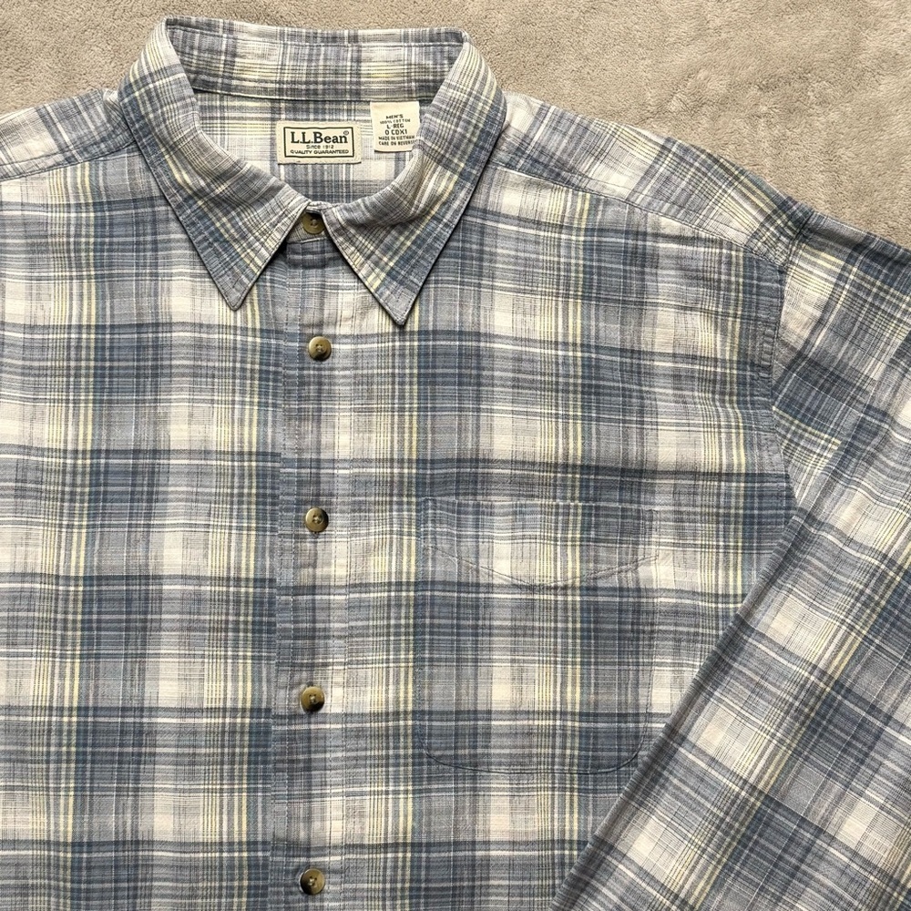LL Bean Shirt Men's Vintage Large Blue Gray Yellow Plaid Button Down